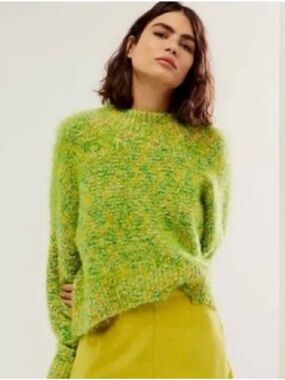 Free People Stardust Pullover Multitone Fuzzy Sweater in Lime Green NWOT